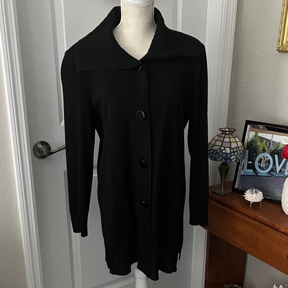 Exclusively Misook Elegant Black Button-Up Shawl Collar Long Cardigan /Jacket - Picture 1 of 11